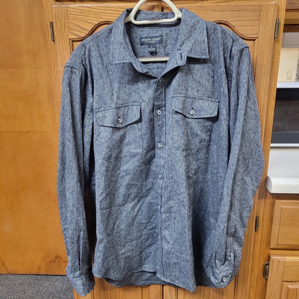 Pronto Uomo Mens Black and Grey Long Sleeve Button Up Size L Two Pockets